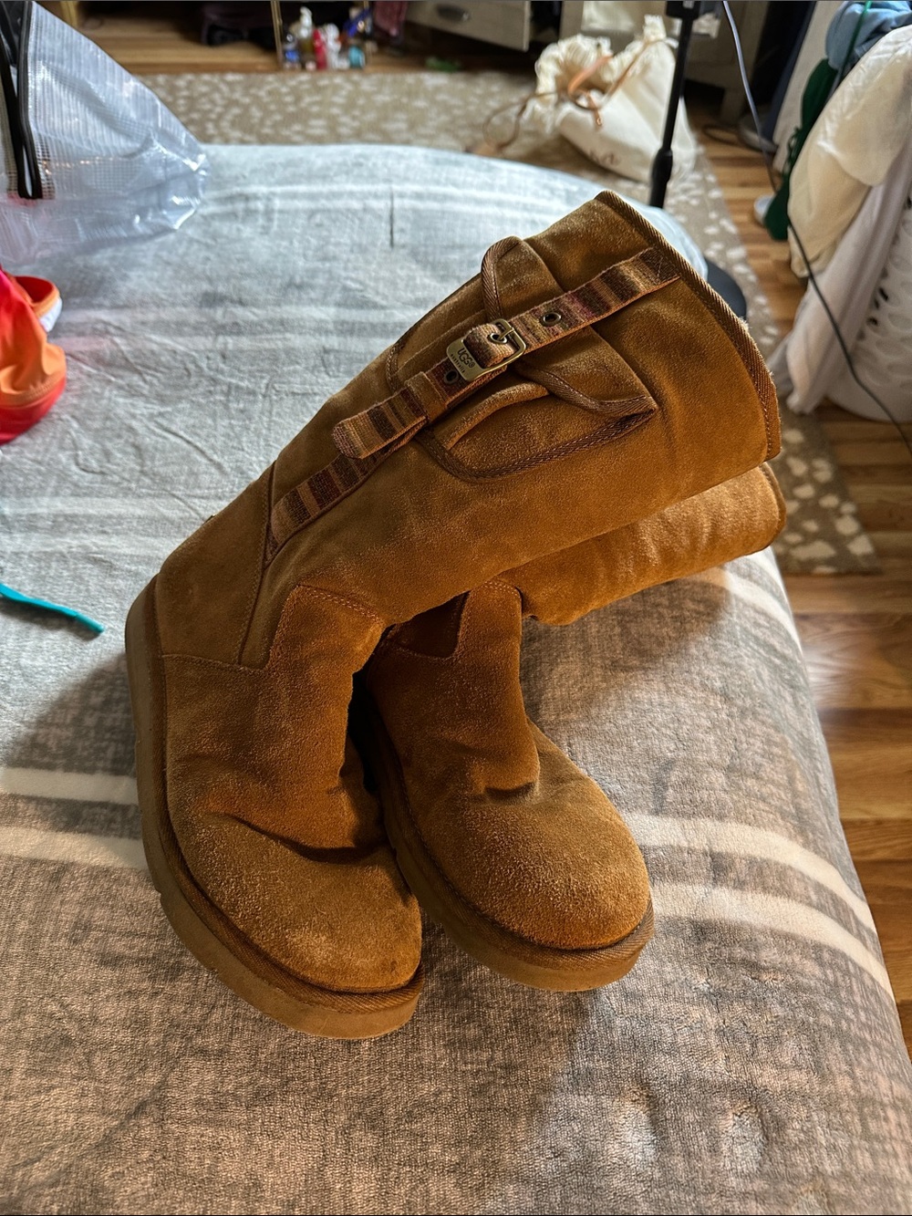 UGG Chestnut Suede Mid-Calf Buckle Boots REAL SHEEPSKIN FUR